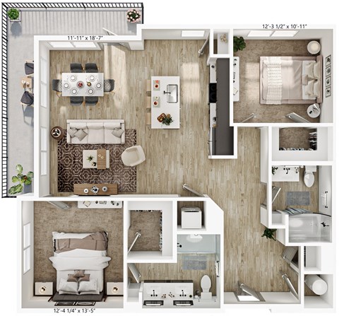 a 2 bedroom apartment with a bathroom and a living room